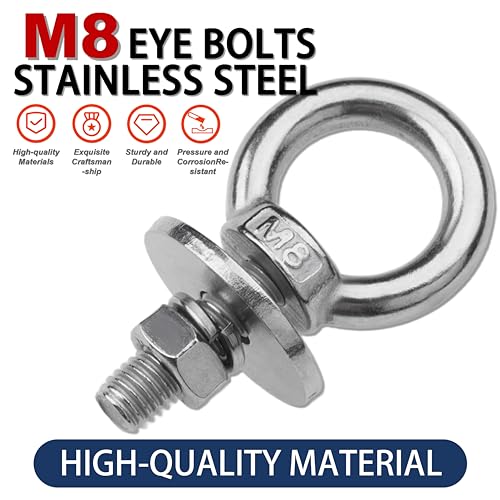 4 Pack M8 Stainless Steel Eye Bolts with Nuts, 5/16" x 1" Eye Bolts | 304 Stainless Steel Eye Bolt,Eye Bolts Heavy Duty for Hang Tie Down Outdoor,m8 eye bolt,Long Lifting Ring Eye Bolt - size: M8x26mm (5/16"x1")