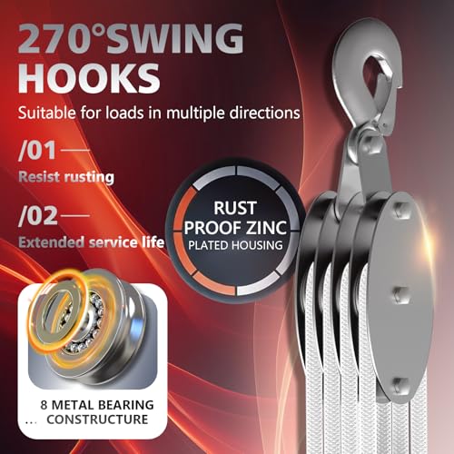 YATOINTO Upgraded Rope Pulley Hoist 4400 LB, 8:1 Pulley Block and Tackle System, Pulley Block 2200LB Loading Capacity, 65ft Heavy Duty Rope Hoist for Hunting Garage Warehouse (with 2PCs Straps) - size: 4 Pulley+2 straps