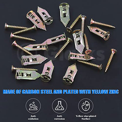 Glarks 100 Sets Drywall Self-Drilling Anchors with Screws, 100Pcs Carbon Steel Hollow Wall Anchor Tapping Screw with 100Pcs Screws Kit, No Drill or Holes in Wall