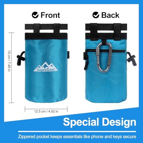 supregear Chalk Bag for Rock Climbing, Large Zipper Pocket with Brush Holder, Drawstring Closure, and Carabiner Clip, Ideal for Bouldering, Weightlifting, Gym - color: Blue