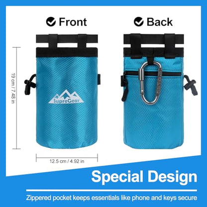 supregear Chalk Bag for Rock Climbing, Large Zipper Pocket with Brush Holder, Drawstring Closure, and Carabiner Clip, Ideal for Bouldering, Weightlifting, Gym - color: Blue