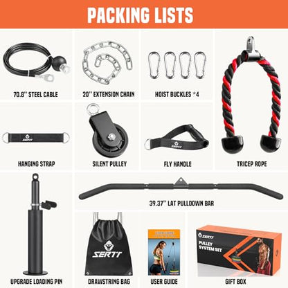 SERTT Cable Pulley System Gym, Power Rack Pulley Attachment with 2-in-1 LAT Pull Down Bar and Upgraded Loading Pin,Used for Triceps Pulldown, Biceps, Back, Shoulder - color: with Nylon Pulley
