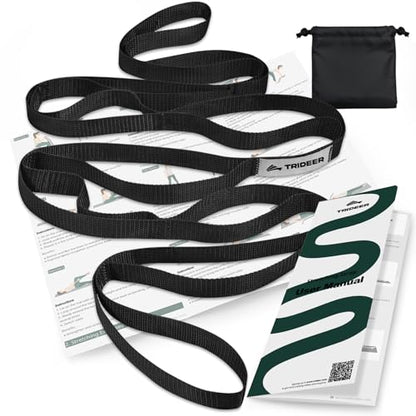 Trideer Stretching Strap with Loops & Leg Lifter, Non-Elastic PT-Style Physical Therapy Strap for Knee Replacement Rehab, Hamstring, Calf & Back Stretcher Mobility, Hip, Shoulder & Yoga - color: Black