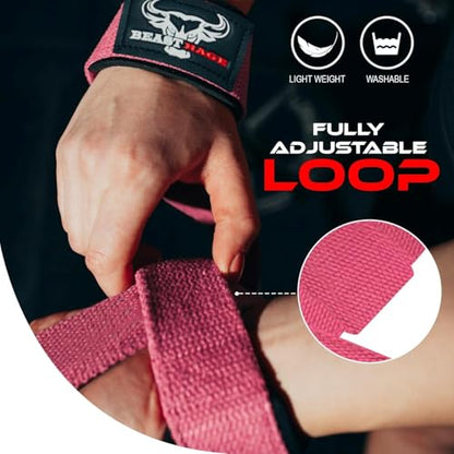 BEAST RAGE Lifting Wrist Straps for Weightlifting, Straps Gym Grip Power Workouts Lifting Straps Padded Neoprene & Premium Cotton Men Women, Deadlift Bodybuilding Exercise Lifting Straps - color: Pink
