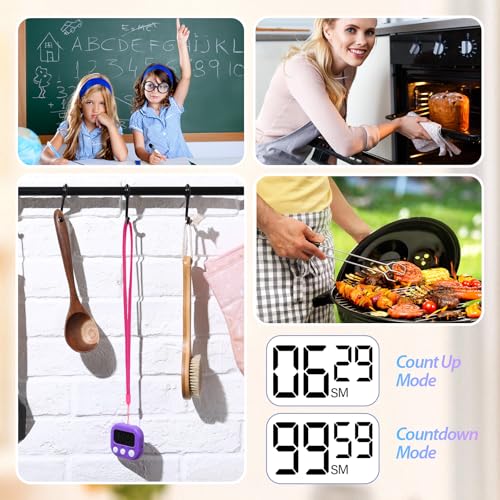 Leumoi 24 Packs Small Digital Kitchen Timer for Classroom with Lanyards Magnetic Back and Switch Minute Second Count up Countdown Big LCD Display Loud Alarm for Teacher Cooking Baking, Colorful