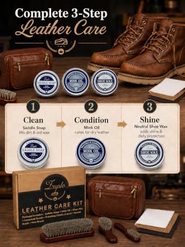 Leather Care Kit, 3.53 oz Saddle Soap, Mink Oil & Neutral Shoe Wax, Shoe Shine Kit with 3 Brushes, 3 Cloths & Bag