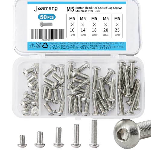 M5 x 10mm 14mm 18mm 20mm 25mm Button Head Socket Cap Screws Bolts, Stainless Steel 304, Metric Allen Hex Drive, Bright Finish, Fully Threaded, Assortment Kit 50PCS - size: Button M5x10-25 mm