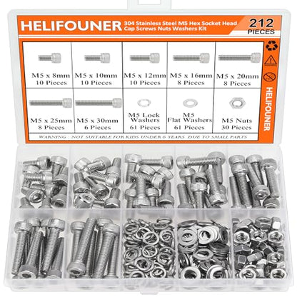 HELIFOUNER 212 Pieces M5 x 8mm /10mm /12mm /16mm /20mm /25mm /30mm, Hex Socket Head Cap Screws Bolts Washers Nuts Kit, 304 Stainless Steel - size: M5 Screw Kit (212 PCS)