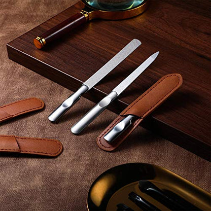 3 Pcs Stainless Steel Nail Files Kit with Leather Case, Double Sided Metal Nail Files with Anti-Slip Handle for Women and Men, Metal File Buffer Manicure Pedicure Tools for Fingernail Toenail(Brown) - color: Brown