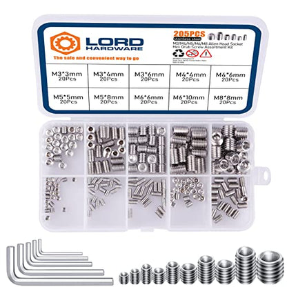 200Pcs Allen Head Socket Hex Set Screw Bolts Assortment Grub Screws Kit Metric M3 M4 M5 M6 M8 w/Internal Hex Drive, Stainless Steel - color: Silver
