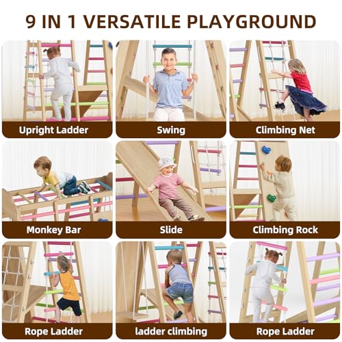 9 in 1 Indoor Playground for Kids, Montessori Wooden Toddler Jungle Gym Indoor with Slide, Swing, Rope Ladder, Climbing Net, Rock Wall and DIY Name Stickers, Playground Playset for Boys and Girls