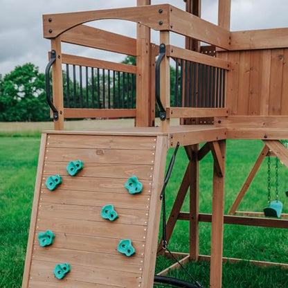 Backyard Discovery Sterling Point Cedar Wood Swing Set with Wave Slide, Raised Clubhouse, Wooden Bridge, Rock Wall, Belt Swings, Web Swing, Trapeze, Balcony, Climbing Wall, Ladder, Outdoor Playset - color: Grey Slide, style: Cedar