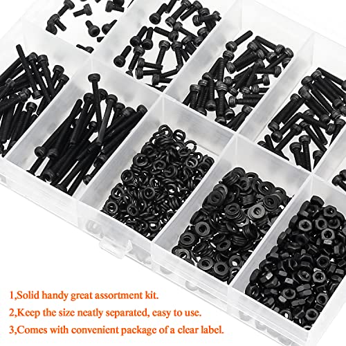HELIFOUNER 560 Pieces M2.5 x 4mm /6mm /8mm /10mm /12mm /16mm /20mm, Hex Socket Head Cap Screws Bolts Washers Nuts Kit, 12.9 Grade Alloy Steel, Full Threaded, Black - size: M2.5, style: Socket Head