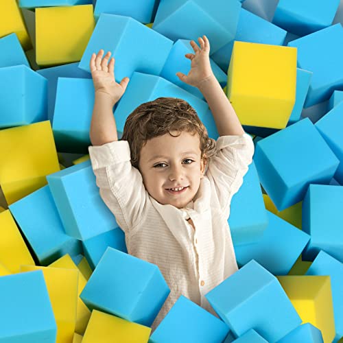 Foam Pit Cubes, 24 PCS 5 Inches Gymnastics Foam Blocks Trampoline Blocks, Multi-Sport Protective Padding for Freerunning, Trampoline, Parkour, Skate Parks & BMX - Blue & Yellow - color: Blue & Yellow, size: 24-PACK