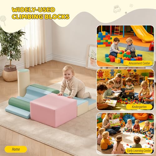 Soft Climbing Toys for Toddlers, 7-Piece Foam Climbing Blocks with PU Leather Cover, Modular Climb and Crawl Activity Play Set for Indoor Playroom (Pink)