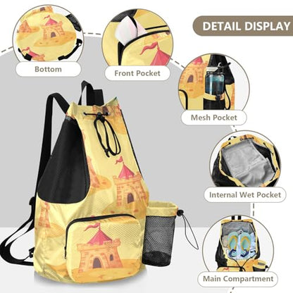 Drawstring Climbing Gym Bag With Water Bottle Holder Drawstring Backpack with Wet Dry Compartments Sandcastel Summer