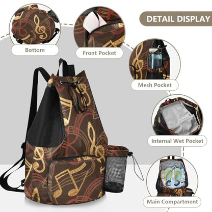 Drawstring Climbing Gym Bag With Water Bottle Pocket Mens Drawstring Bags with Wet Dry Compartments Music Red Brown