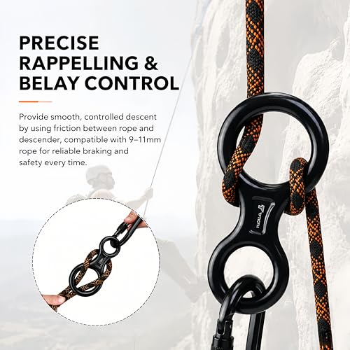 Figure 8 Descender, 30kN Climbing Descender, Heavy Duty 7075 Aluminum Belay & Rappel Equipment for Climbing, Mountaineering, Arborist, Caving, Aerial Yoga - color: 35kN-Black