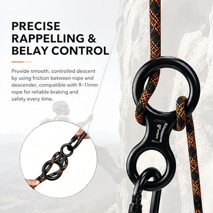 Figure 8 Descender, 30kN Climbing Descender, Heavy Duty 7075 Aluminum Belay & Rappel Equipment for Climbing, Mountaineering, Arborist, Caving, Aerial Yoga - color: 35kN-Black