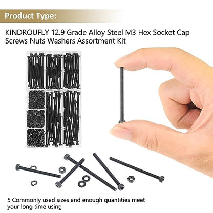 402 Pieces Black M3 x 30/35 /40/45 /50 mm Hex Socket Head Cap Screws Nuts Washers Assortment Kit, 12.9 Grade Alloy Steel - size: M3 x 30/35/40/45/50mm, style: Socket Head