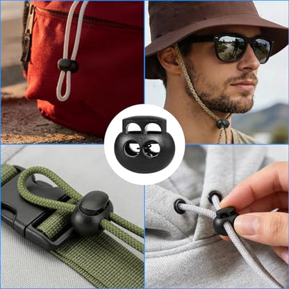 30 Pcs Black Plastic Spring Cord Lock Toggle Stopper, Double Hole Drawstring Cord Lock Fastener for Hoodies, Paracord, Shoelaces, Elastic Ropes and Bags