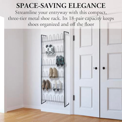 MyGift 70 Inch Black Metal Wall Mounted Shoe Rack with 36 Hooks | Holds 18 Pairs, Efficient Vertical Design, 36 Hanging Points, Slim Profile, Small Space Solution, Easy Access Setup - color: Black (6 Tier, 18 Pairs)