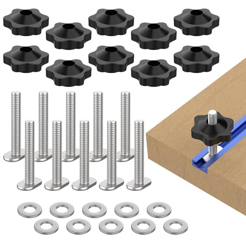 10 Sets of 1/4"-20 T Track Knob Kit, Star Knobs Kit Include 1/4-20 Threaded Bolts with Washers and Star Knobs, T Track Accessories for Woodworking Jigs and Fixtures - size: 1/4"-20 inch 10 Sets, 1-1/2" Length