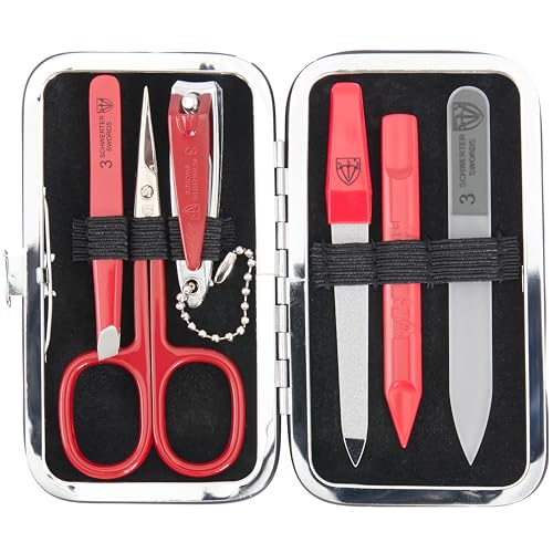 3 Swords Germany - Brand Quality 6 piece Manicure Pedicure Grooming kit Set - Scissors, Metal and Glass Nail File, Clipper, Tweezers with Synthetic Leather case - red/red Tools - color: Red - Red Tools