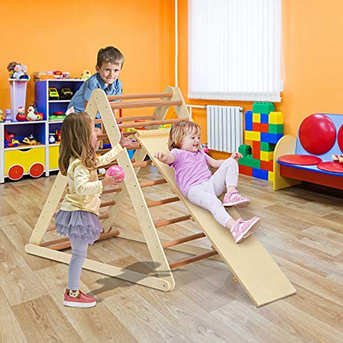 HONEY JOY Triangle Climber with Ramp, 2-in-1 Indoor Toddler Climbing Triangle Set with Ladder & Slide, Foldable Wooden Kids Climbing Toys for Playground, Gym & Daycare, Gift for Boys Girls (Natural) - color: Natural