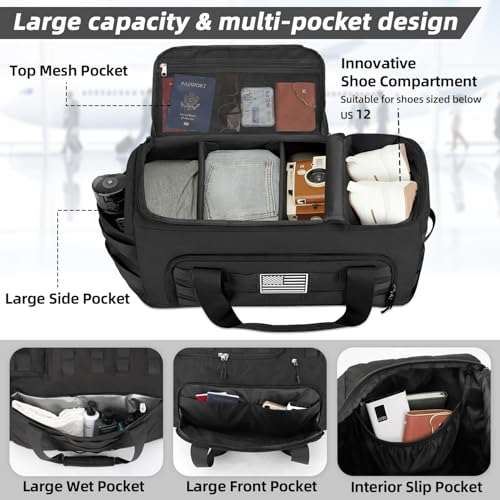 ZOMFELT Gym Bags for Men, 22x14x9 Carry On luggage Duffle Bag for Travel | 3-in-1 Sports Basketball Bags with Removable Dividers & Shoe Compartment, Waterproof Weekender Overnight Travel bag, Black - size: Medium
