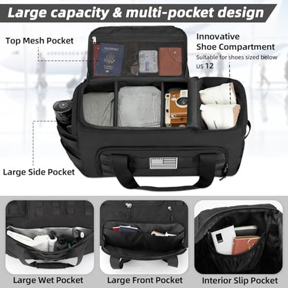 ZOMFELT Gym Bags for Men, 22x14x9 Carry On luggage Duffle Bag for Travel | 3-in-1 Sports Basketball Bags with Removable Dividers & Shoe Compartment, Waterproof Weekender Overnight Travel bag, Black - size: Medium