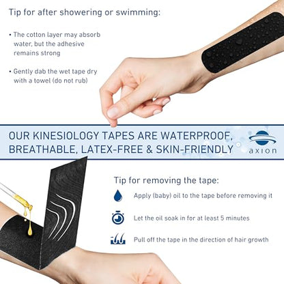 axion Kinesiology Tapes PRECUT Black Beige | 50 Pre-Cut Sport Tape Strips 10x2 in | Waterproof • Skin-Friendly • Elastic | Kinesiology Tapes Ideal for Sports - color: 05) 50 Strips Black/Beige