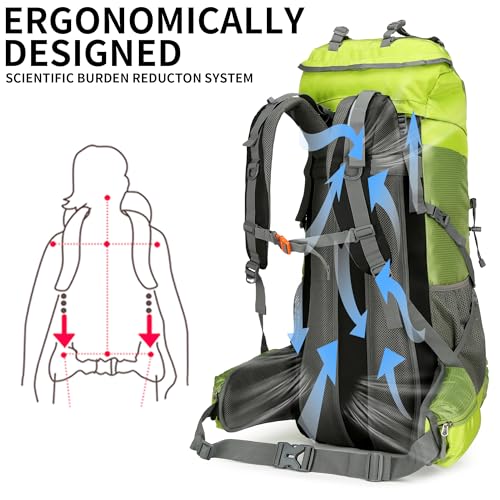 Hiking Backpack for Men and Women 70L+5L Waterproof Lightweight Camping Daypack with Rain Cover for Outdoor Travel Mountaineering - Frameless (Green) - color: Green