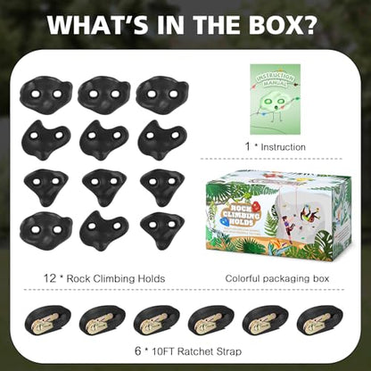 TOPNEW 12PCS Ninja Tree Climbing Holds and 6 Sturdy Ratchet Straps for Kids Tree Climbing, Large Climbing Rocks for Outdoor Ninja Warrior Obstacle Course Training - style: 12 Black Climbing Holds