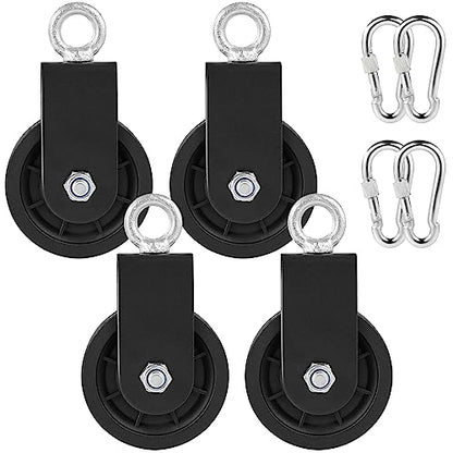 3.54 in Cable Pulley 360 Rotation Traction Wheel with Carabiner and Strap,Silence Smooth Detachable for DIY Gym Pulley System,DIY Gym Attachment Lifting Blocks,Ladder Lift,Hoists,Clothesline - color: 4 Pulley+4 Carabiner