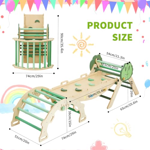7-in-1 Collapsible Climbing Triangle Climbing Set for Toddlers, Wooden Indoor Jungle Gym Playground with Arch, Ramp & Ladder, Space-Saving, Toddler Climbing Toys– Green - color: Green
