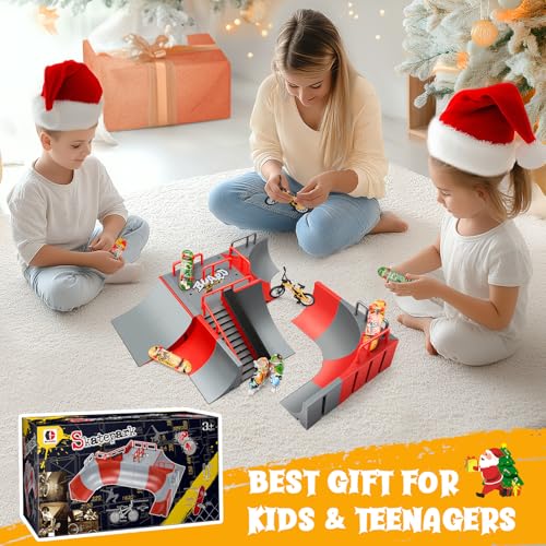 Fingerboard Skate Park Kit — 18 in 1 Finger Skateboard Toys with 13 Ramps 3 Mini Fingerboards Skateshoes & Mini Bikes, Extra Large Ultimate Training Props Interactive Game for Adults Kids 6+