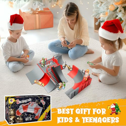Fingerboard Skate Park Kit — 18 in 1 Finger Skateboard Toys with 13 Ramps 3 Mini Fingerboards Skateshoes & Mini Bikes, Extra Large Ultimate Training Props Interactive Game for Adults Kids 6+