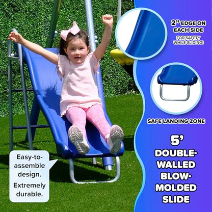 Sportspower Taylor 700lbs Galvanized Metal Swing Set for Kids for Backyard & Outdoors with Teeter-Totter, Saucer & Standing Swings, & 5ft Slide, 7.55' D × 13.88' W × 6.07' H, Bonus Anchor Kit