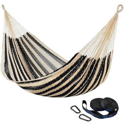 CHULIM Handwoven Mayan Hammock with 10ft Tree Straps, 550lbs Capacity Soft Rope Double Hammock, Portable Outdoor Hammock with Carry Bag for Camping Backyard Beach - Black White Stripe - color: Black White Stripe