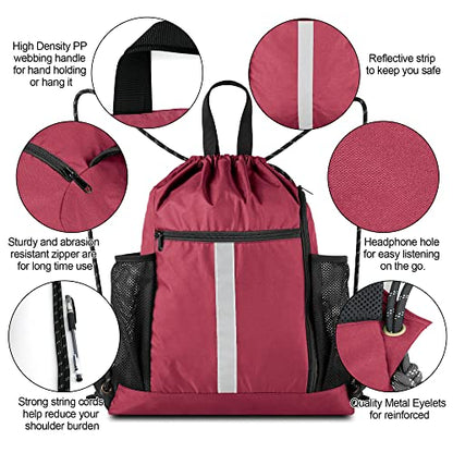 BeeGreen Gym Sack Drawstring Bag Sports String Backpack with Shoe Compartment and Two Water Bottle Holder for Unisex Men Women Heavy Duty Cinch Sackpack - color: Maroon, style: Drawstring With Shoe Compartment