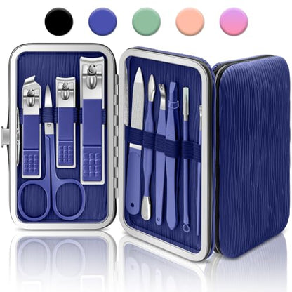BLESWIN Manicure Set, 10 in 1 Professional Manicure and Pedicure Kit, Nail Care Kit for Women, Mens Nail Grooming Kit, Portable Nail Clipper Set Blue Leather Case for Travel Home - color: 2-Blue