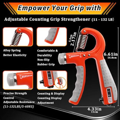 CYFIE Grip Strength Trainer Kit, Adjustable 10-132 lb, Hand Exerciser | Forearm Strengthener, Finger Stretcher, Stress Ball and Bag for Grip Recovery, Wrist Training, Rehab, Climbers and Musicians - color: Orange