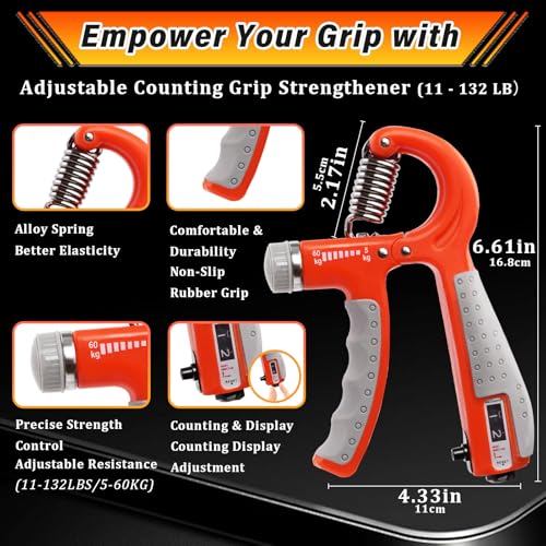 Grip Strength Trainer Kit Adjustable 10-132Lbs Hand Exerciser Counter | Forearm Strengthener, Finger Stretcher, Stress Ball and Bag for Grip Recovery, Wrist Training, Rehab, Climbers and Musicians - color: Orange