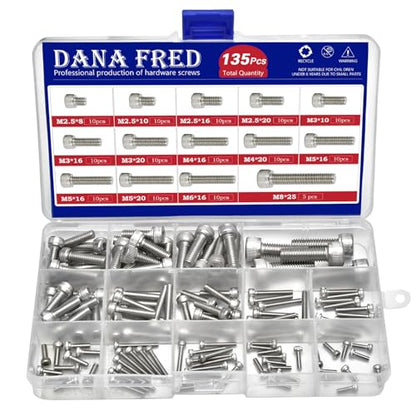 M2.5-M8 Hex Socket Head Cap Screw Metric Thread Hexagon Allen Machine Bolt 135Pcs M2.5 M3 M4 M5 M6 M8 304 Stainless Steel Metal Standard Fastener Hardware Assortment Set for Home Furniture Fastener