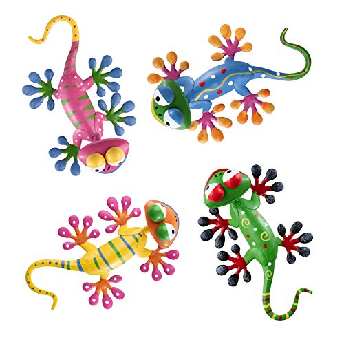 hogardeck Metal Gecko Outdoor Wall Decor, 4 Pack Lizard Art Garden Sculptures & Statues with Shaking Head Spring Decor for Front Yard Fence Patio - color: Pink, Blue, Yellow, Green