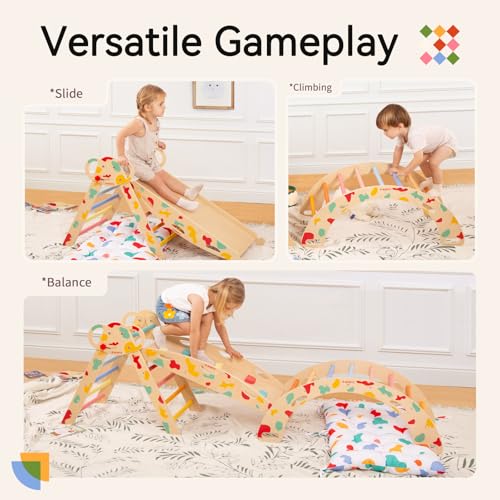 WINGYZ Pikler Triangle Set, Montessori 8-in-1 Foldable Climbing Set | Reversible Animal Slide, Patent-Protected Jungle Gym, Safe 2.35in Gap, ASTM F963 Standards for Toddlers 18M-5Y, Rainbow - color: Rainbow