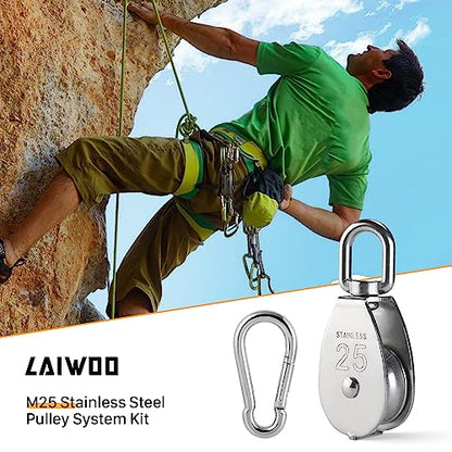 LAIWOO M25 Heavy Duty Stainless Steel Pulley Block, Rope and Hooks, 2 Pack | Includes eye pad plate and line cleat, corrosion resistant, for lifting, DIY and clothesline - size: M25-11P