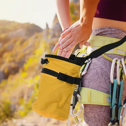 Climbing Chalk Bag with Anti-Leak Drawstring 420D Oxford Magnesium Powder Pouch for Rock Climbing Bouldering Weightlifting Gymnastics Adjustable Belt Two Pockets Fits Large Hands 13x19cm - size: Yellow