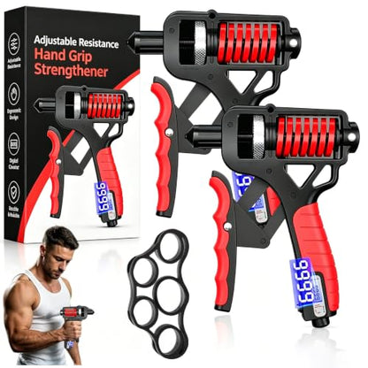 Adjustable Hand Grip Strengthener - Adjustable Resistance Hands Grip Strengthener, 11–364 LB Adjustable Electronic Grip Strength Trainer Build Forearm Strength - color: Black-Red+Electronic*2